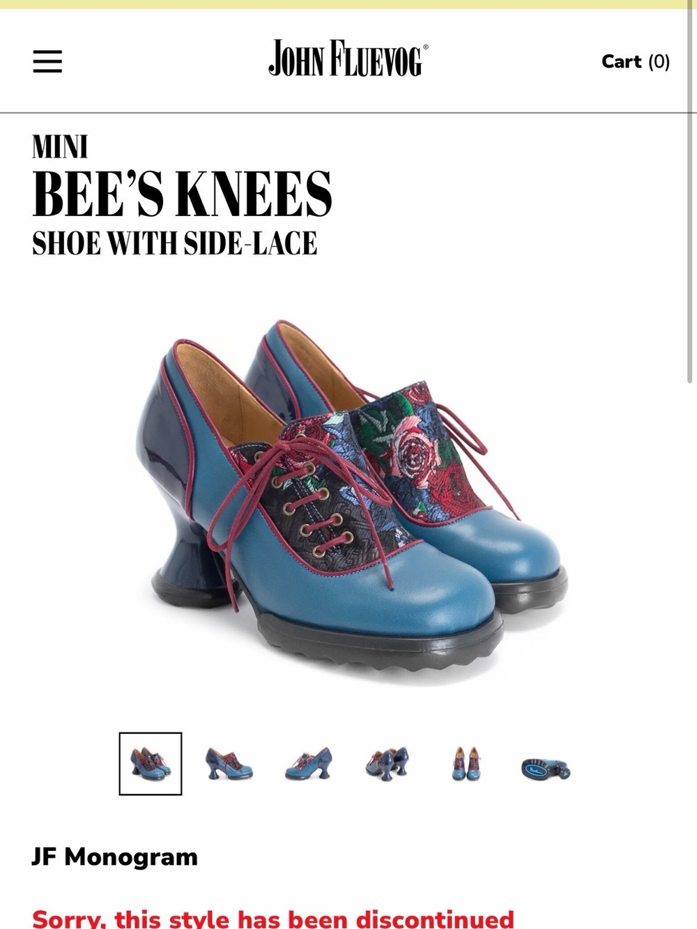 John Fluevog Teal Blue Floral Side-Lace Heels with Burgundy Laces